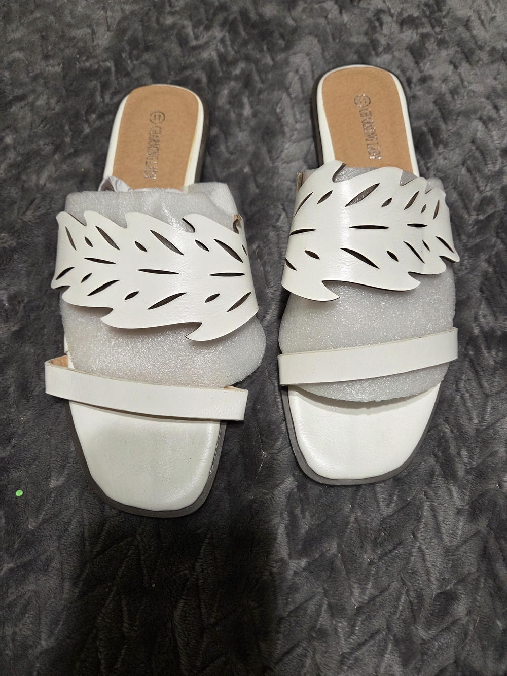 Women’s White Slide Mules with Decorative Cutout Strap